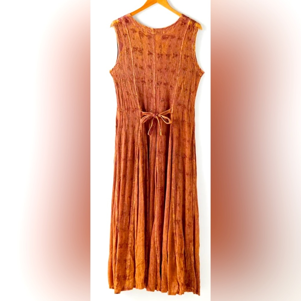 Vintage 80s Dress Embroidered Sleeveless Tie Back Babydoll Bronze Maxi Dress (L)